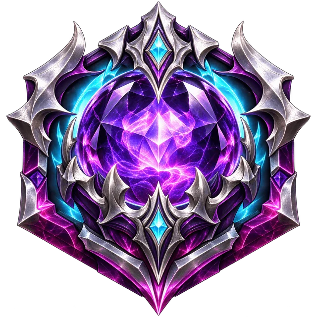 Silver Vulgrim crest with a violet crystal and cyan soul flames
